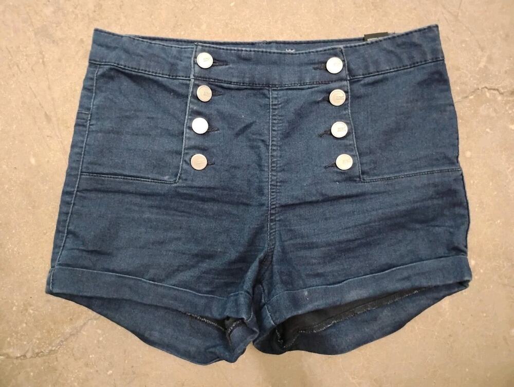 Size 7 Juniors Dark Wash Denim Hi Rise Double-breasted Button Up Sailor Shorts